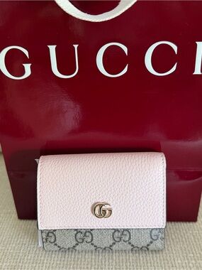 Gucci Pink Leather and GG Canvas Small Continental Wallet with Gold Logo